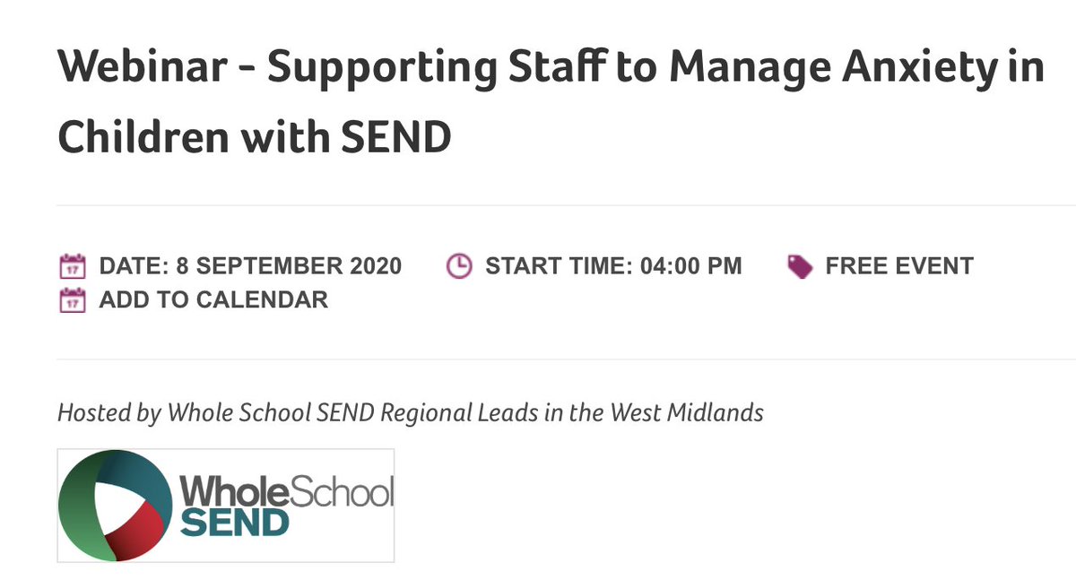 SpcialNdsJungle's tweet photo. Free Webinar from @WholeSchoolSEND. 8 Sept 4pm Supporting Staff to Manage Anxiety in Children with SEND incl how anxiety can present, practical school strategies, creating trauma-sensitive classroom. Register: https://t.co/zBlpiLWysn https://t.co/GkrhKXopOd