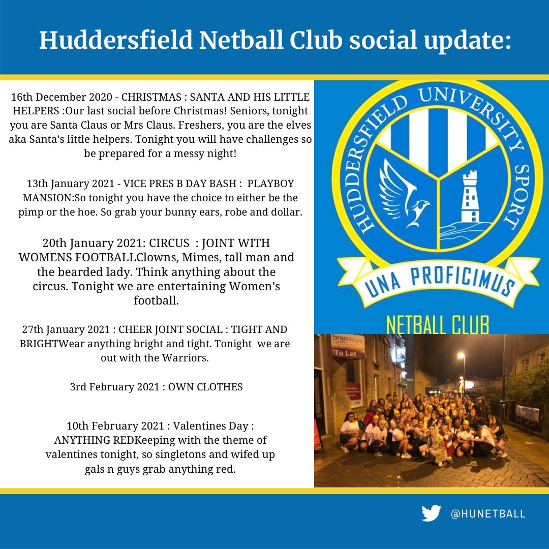 HUNetball's tweet photo. Here is the long awaited list of socials for the year 2020-2021. We hope to see as many faces as possible in this coming year. Due to Covid-19, there may be some slight changes to socials so keep a close eye on the social media accounts. Stay safe &amp; see you all soon! 💛💙 https://t.co/Pjg1kTH82M