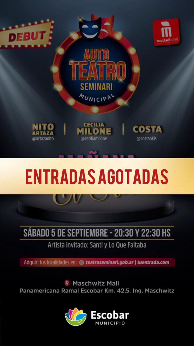 ENTRADAS AGOTADAS

Con lleno absoluto en ambas funciones, hoy viviremos un evento sin precedentes para la historia de nuestro distrito y de todo el país.

Se trata de la primera puesta teatral en contexto de pandemia, denominada 
#AutoteatroSeminari, que se abra el telón!