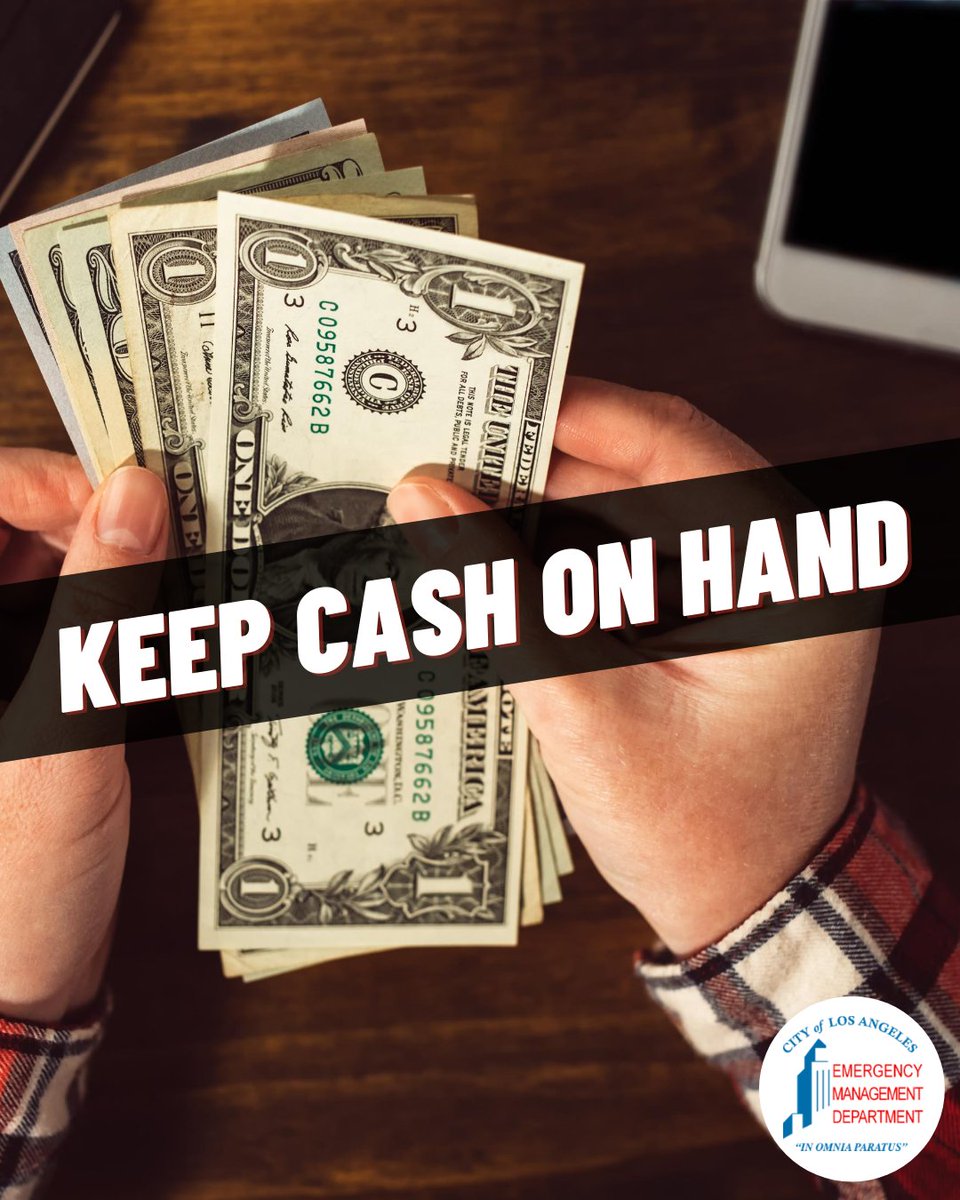 Keep some cash on hand in case of emergencies. 💵 ATMs and credit card readers will not always be available. Cash can help pay for immediate expenses like lodging, food and gas. Reminder: Keep bills in small denominations of $1, $5 and $10. #BeReady