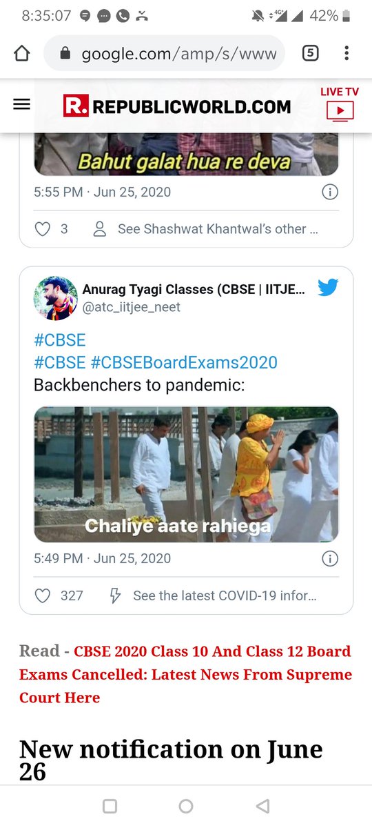 TheAnuragTyagi's tweet image. Bachha Gang , Compartment par mere 2 Tweets ko Republic World ne Chhappa hai...

#cancelcompartmentexam2020 
#compartmentexam2020
