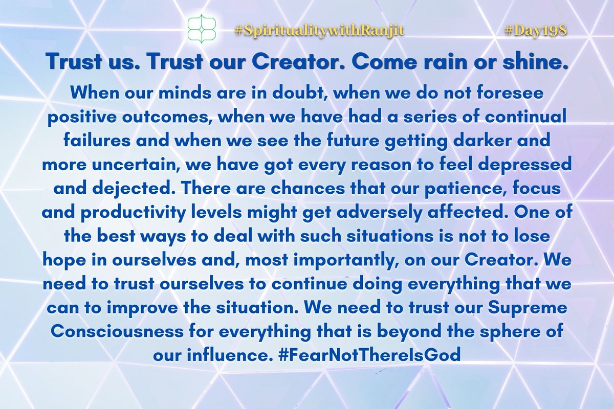 spiritualitywr's tweet photo. Do you think we need to both work and pray to sail through difficult times?
#Day198 #Tweet198 #Post198 #saturdaymotivation #stress #dejection #depression #difficulttimes #trust #believe #work
#SpiritualitywithRanjit #FearNotThereIsGod
@spiritualitywr @ranjitksharma https://t.co/qRCHGvp2pS