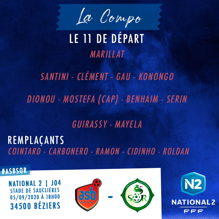 ASBeziersFoot's tweet photo. ⚽ #ASBSOR : La Compo 👇 https://t.co/urrsLFX9m5