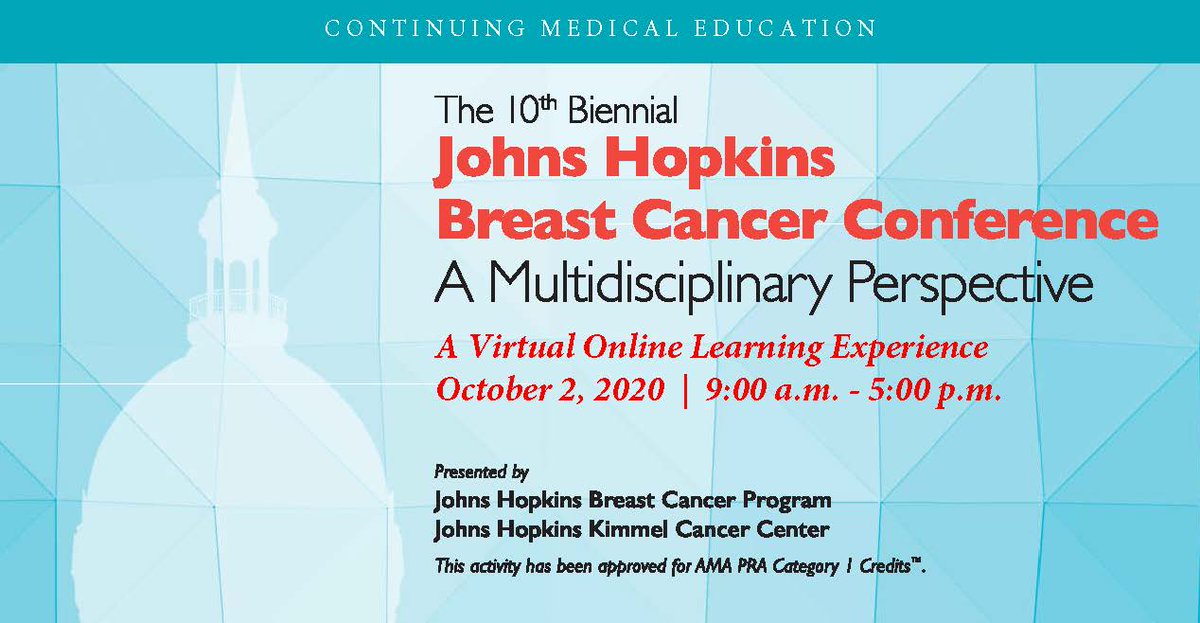 The 10th Biennial Johns Hopkins #BreastCancer Conference will take place virtually on October 2. This conference will examine the increased complexity in treating patients due to more innovative therapies and better screening.

To register, visit:
hopkinscme.cloud-cme.com/default.aspx?P…