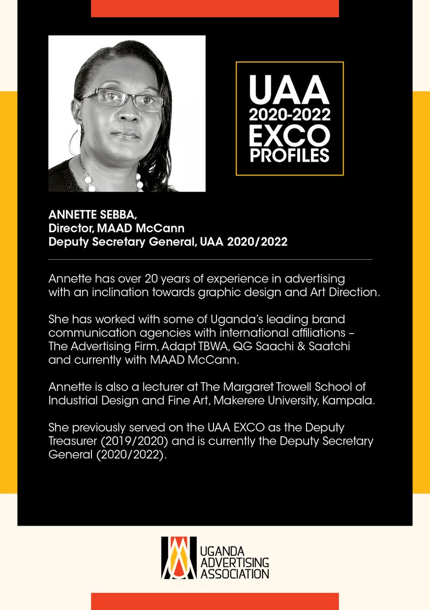 Uganda Advertising Association - UAA (@uaa_uganda) on Twitter photo Still about #UAA2020EXCO
Meet Annette Sebba Deputy Secretary General UAA and Director <a href="/MaadMcCann/">MAAD McCann</a>
Read more about her👇 Still about #UAA2020EXCO
Meet Annette Sebba Deputy Secretary General UAA and Director <a href="/MaadMcCann/">MAAD McCann</a>
Read more about her👇