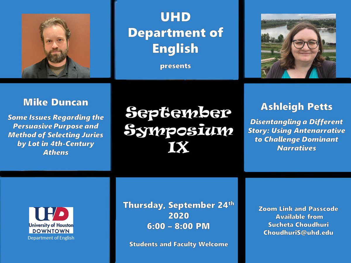UHD_English's tweet photo. Join us for a very Brady symposium! Looking forward to hearing new work by Mike Duncan and new faculty member Ashleigh Petts @ashleighpetts https://t.co/G4VaeP0uJ8