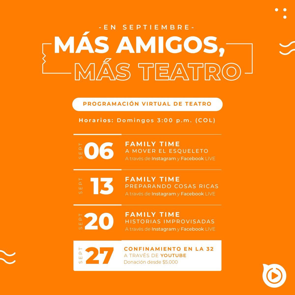 OpenPlayCol's tweet photo. 📍P R O G R Á M A T E 📍

🤩 Septiembre un mes para estar más conectados, con más teatro y más amigos. 🧡 

¡No te lo pierdas! 🎭🎥

#OpenPlayArtStudio #OpenPlayFamily #MasAmigos #MasTeatro #MasContenido #MasSorpresa #Barranquilla #Colombia https://t.co/DvSAVQnZvq
