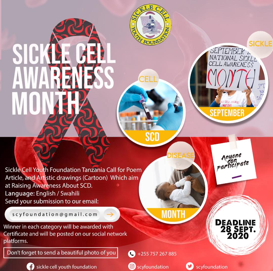 scyfmbeya's tweet photo. @scyfoundation invites you to use your talent to raise awareness about Sickle Cell Disease as September is SCD awareness month #SCYF
Tell your friend to tell a friend!
#IjueSeliMundu #EpukaUnyanyapaa
#NoStigmaToSCD
@SickleInAfrica @tamsatanzania @swahilitimes @official_famsa https://t.co/4zZGOnx1GL