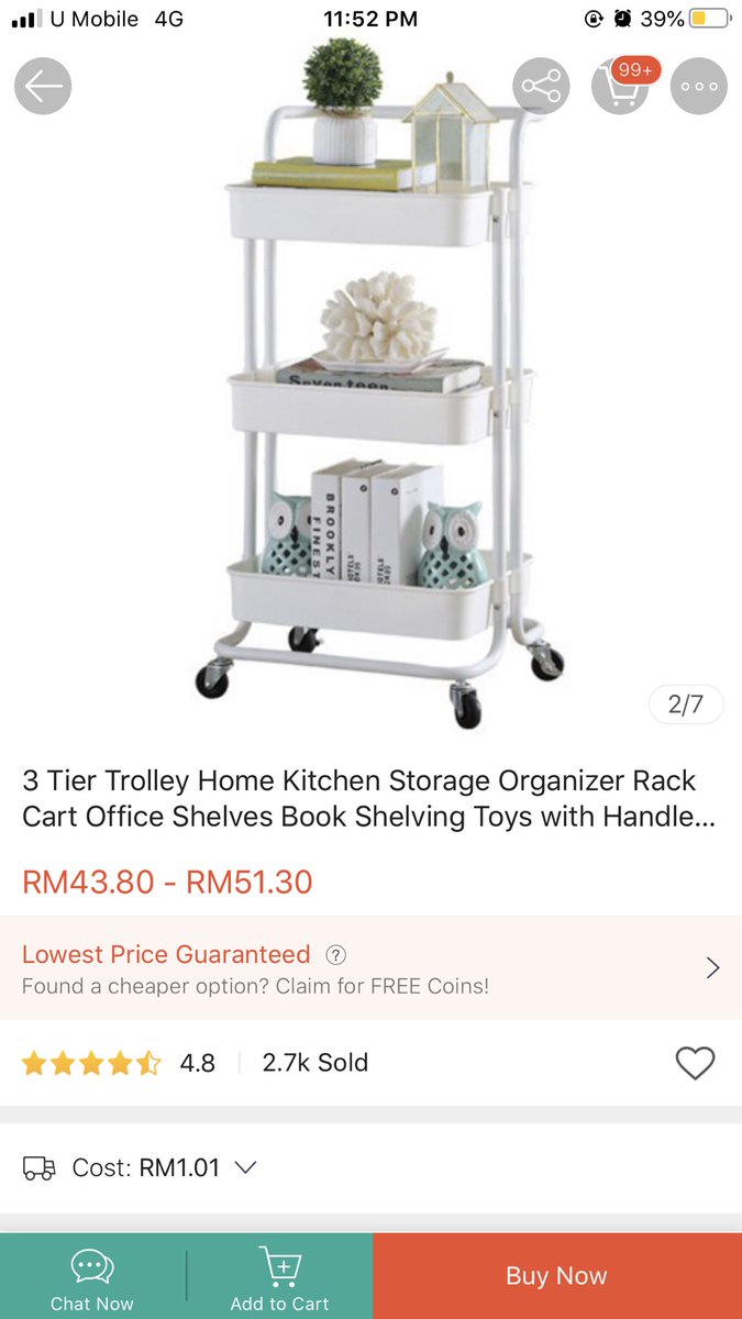 7) MULTIPURPOSE TROLLEY Trolley ni tak kisah korang nak letak dlm bilik ke utk kat dapur ke pun boleh sebab dia multipurpose tapi for me better letak dlm bilik utk yg ada banyak brg tu susun elok2 kat dlm trolley ni utk nampak kemas & cantik https://shopee.com.my/product/236488484/7719914503?smtt=0.0.9