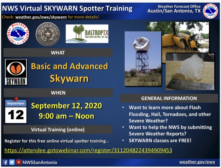 BastropCntyOEM's tweet image. Are you interested in weather? Do you want to learn more about it and help out the NWS?  Register for the free National Weather Service SKYWARN Spotter Virtual Training and earn your Basic and Advanced Skywarn Certification on September 12th at:  bit.ly/3j0WFhb