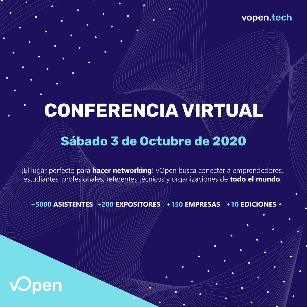 El sabado 3 de octubre realizaremos la conferencia de tecnología online más completa e interesante. Con Speakers de todo el mundo.

#twitter #facebook #instagram  #conferencia #tecnologia #vopentech #microsoft #google #azure #vopenlatinoamerica #speakers  #expositores #empresas