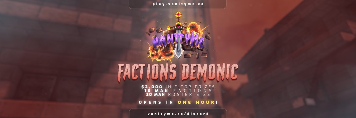 VanityMC's tweet image. FACTIONS DEMONIC RELEASE IN 1 HOUR! ⏳

We are doing a giveaway for SOTW, like, retweet, and follow to enter in it! 

Giveaway - x1 Vanity Rank on any realm! 

SOTW: TODAY IN ONE HOUR! 💜