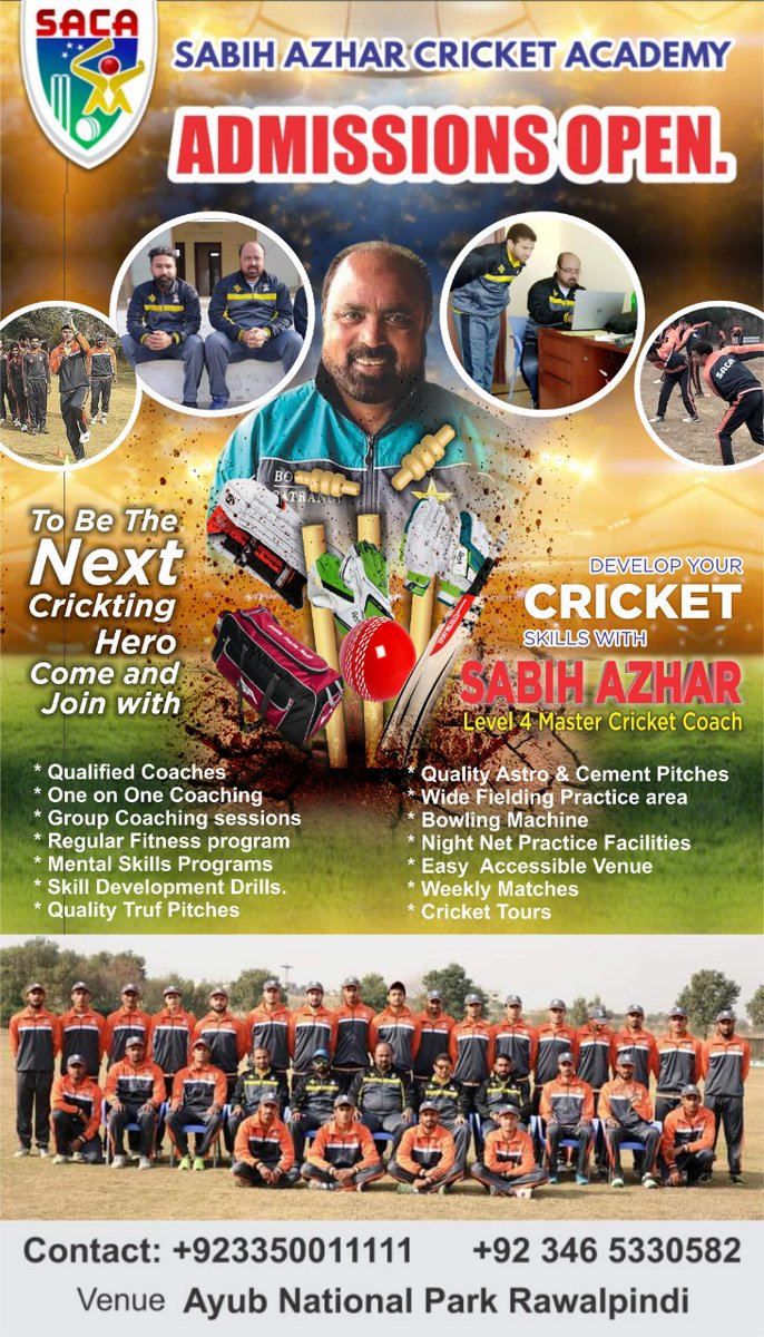 sabih_azhar's tweet photo. AllahmdulliAllah
Admissions Open
#SACA #SabihAzharCricketAcademy #Rawalpindi #ejazmehrban #SaadMahmood #AdmissionOpen #AyubPark #JoinUs #Level4MasterCoach #Level2Coach #PCBQualifiedTrainer #ImproveYourSkills https://t.co/n2B9bpv8eJ