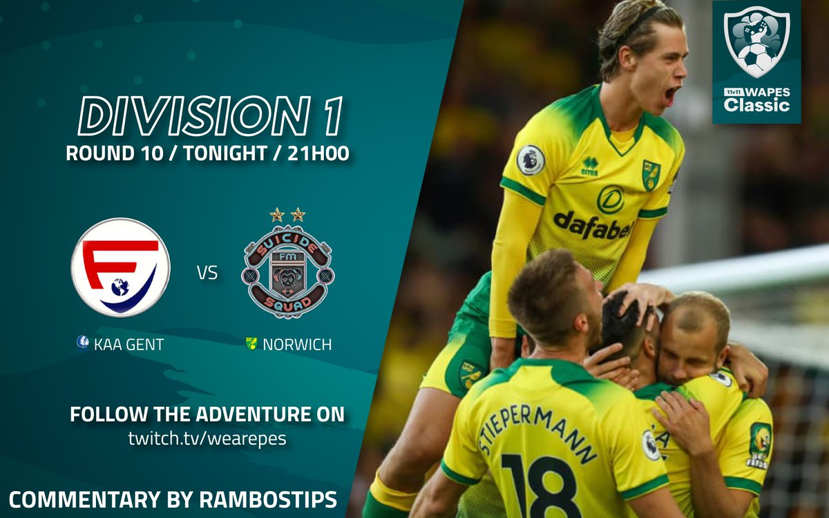 ➡️Tonites Main Event
🎮#WAPESClassic League 
⌚️Start 2100h / 9 PM CET
⚽Round 10
🎙️Commentary by @rambostips 

<a href="/FumaUnited/">FUMAUnited</a> 🆚 <a href="/SuicideSquadFM/">Suicide Squad FM</a> 
<a href="/KAAGent/">KAA Gent</a> 🆚 <a href="/NorwichCityFC/">Norwich City FC</a>

🎞️YouTube 21h CET⬇️
youtube.com/channel/UCf6OR…

#fullmanual #11VS11 #10VS10 #WAPESLEAGUE