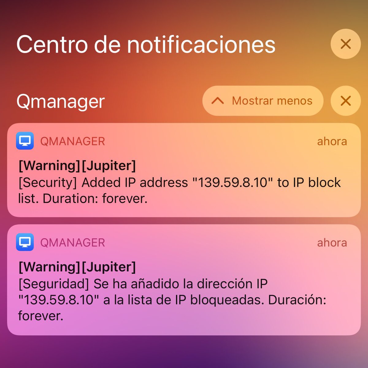 jmramirez's tweet photo. Cuando configuras correctamente tu #NAS de @QNAPEspana puedes dormir más tranquilo ante posibles ataques. Y si no, mirad lo que me informa la app #Qmanager 😍 https://t.co/2iKbAnFne3