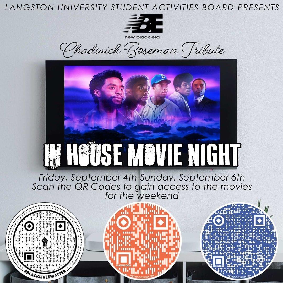 trt_langu's tweet photo. This weekend the LUSAB is celebrating the life of @chadwickboseman by showing a movie a day.  On September 4th scan the first QR code to watch The Express, on September 5th scan the second QR code to watch Get On Up, and on September 6th scan the last QR code to watch 42! https://t.co/KoEi0GK7O7