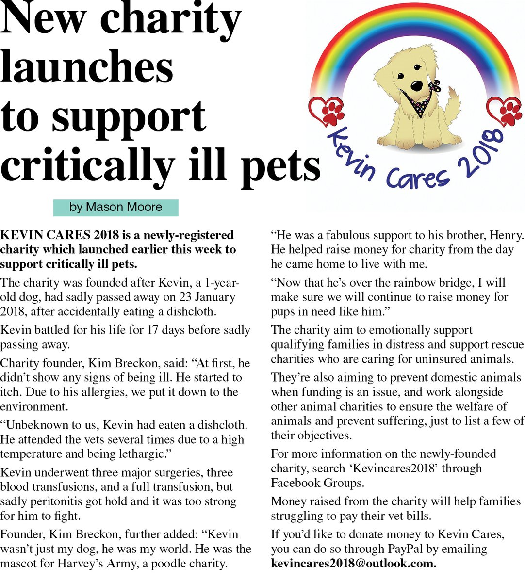 ReadLocalRock's tweet photo. @KevinCares2018 are a newly-launched charity who will help any critically-ill domestic pet. This article also appears in this week's Villages edition. ^MM https://t.co/g7MICkVkDT