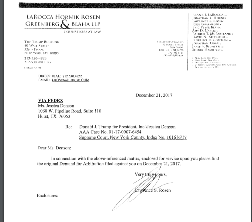 Trump's targets using donated campaign $$$s include Jessica Denson who alleged abusive treatment and sexual harassment by another campaign staff member. Trump filed arbitration claim here--and initially got $50,000 award against Denson. FULL DOC  https://int.nyt.com/data/documenttools/101616-2017-jessica-denson-v-jessica-denson-exhibit-s-17-arbitration-files/b5ecf44c5ac0c015/full.pdf