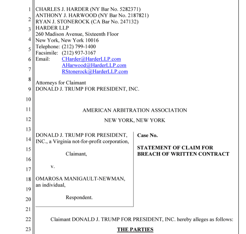 She was just one target--FUNDED with campaign donations. Trump also used campaign $$ to go after OMAROSA MANIGAULT-NEWMAN. One time big booster of Trump who became a critic. Then target of legal action funded by donors. LINK TO FULL DOCUMENT  https://int.nyt.com/data/documenttools/omarosa-2018-08-04-trump-filing-statement-of-claim-final/c975fec77adc0595/full.pdf