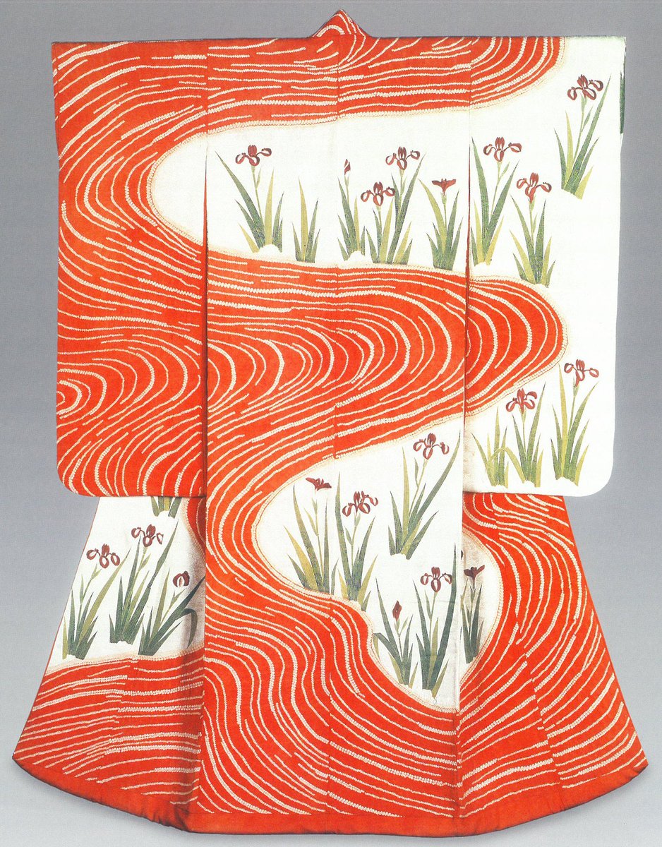 kateStrasdin's tweet photo. Clothing as canvas, a scene of stylised tranquility captured here across the silhouette of an early #19thc young woman’s #kimono. The curves of a river bank sweep across the cloth studded with waterside irises. Currently on display @V_and_A #KimonoKyototoCatwalk https://t.co/G6zHs7LE5X
