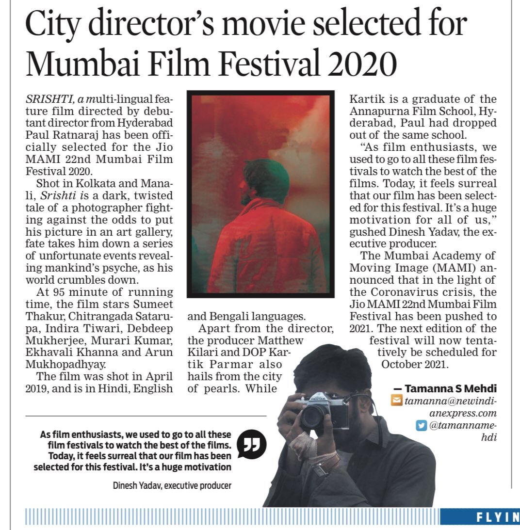 #filmsrishti in news today 
#thenewindianexpress @NewIndianXpress @XpressHyderabad @tamannamehdi thank you so much for the feature 
#jioMami #FilmFestival