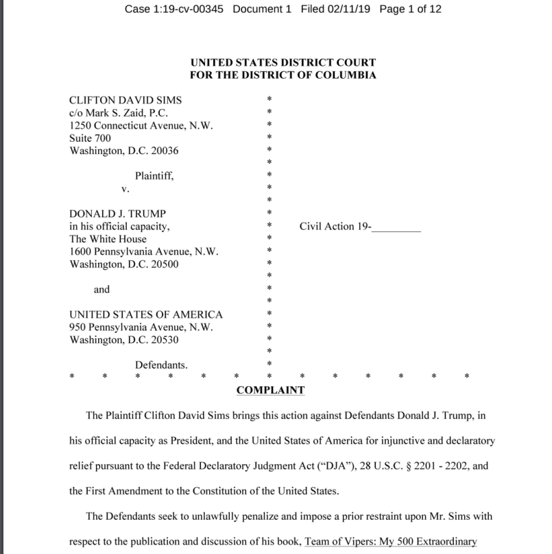 Another targeted figure related to alleged violation of non disparagement/non disclosure agreement was CLIF SIMS, who like others countersued against Trump after Trump used his campaign $$ to try to silence Sims. FULL DOC  https://int.nyt.com/data/documenttools/2019-02-sims-complaint2-11/5897bc7416fcc0ad/full.pdf