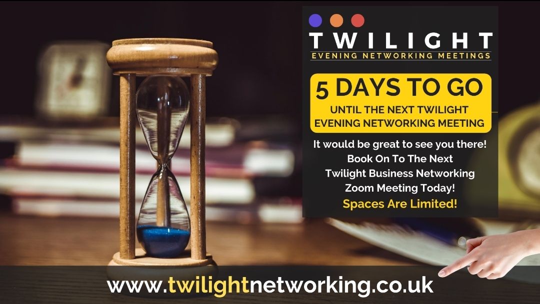 T2DMSolutions's tweet photo. Come and network at the next Twilight networking Zoom meeting.
The next meeting is in 5 days time, on Thursday 10th September from 6pm. Spaces are limited, to book on to this meeting and future Twilight meetings, please visit https://t.co/PiPFpiPST9
#twilightnetworking https://t.co/7QsZpukTjX