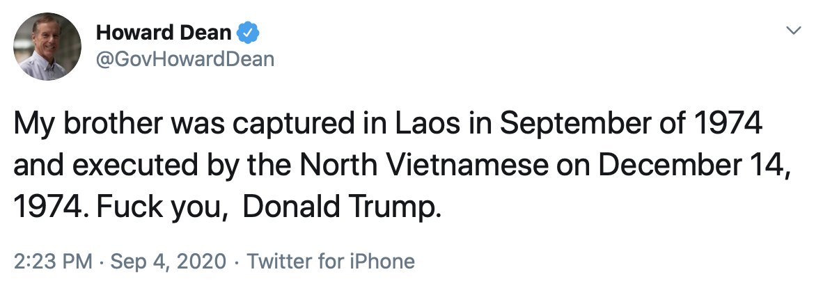 Not on Trump's side here. But 1) Dean's brother Charlie wasn't in the military. Dean himself wrote in his 2003 book "Winning Back America" that "There was speculation that Charlie was in Laos because he was working for the CIA and I think my parents believed that to be the case."