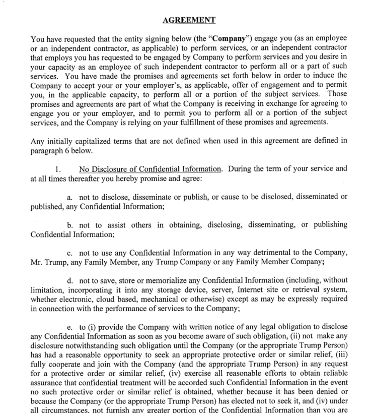 Yes, this is a pattern. Aides signed these super broad documents and then when things went sour with Trump (it happens sometimes) he used his campaign war chest to a) attempt to silence them and b) send message to others that they better be careful.  https://int.nyt.com/data/documenttools/denson-a-signed-arbitration-agreement/6747cd24be8e3652/full.pdf