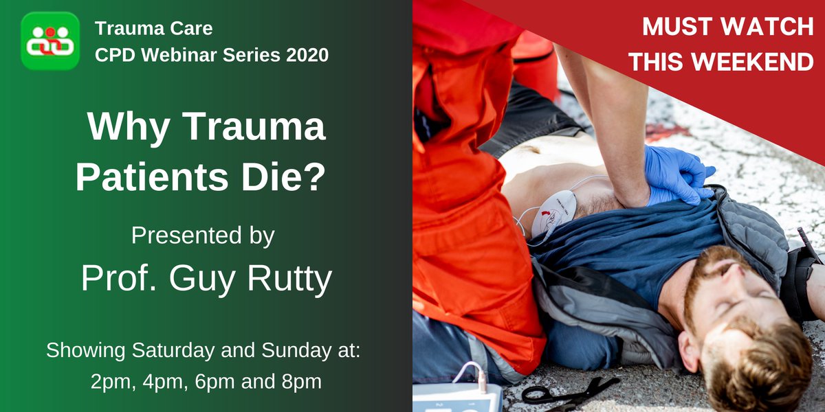 TraumaCareUK's tweet photo. Matinee and Evening Webinar Re-Runs -
Looking for a good weekend watch? Book your place with Prof. Guy Rutty as he focuses on the "Why Trauma Patients Die?". Unmissable weekend CPD!!
Book NOW & RT - https://t.co/QlaFjUDBny
#TRAUMACARE2020 #WeekendCPD https://t.co/HvqojozYQx