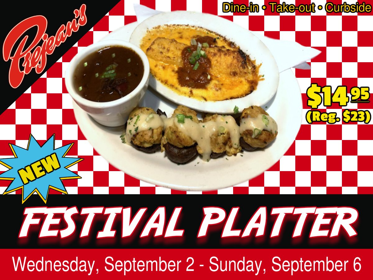 Get all of #Prejeans festival dishes in one platter this weekend $14.95 (reg $23) Sat 09/05 open until 8pm Sun 09/06 open 8am-3pm  Dine-In  Carry-Out  Curbside #LouisianaSeafood #Cajun #CrawfishEnchilada #SeafoodStuffedMushrooms #DuckAndouilleGumbo #FestivalFood