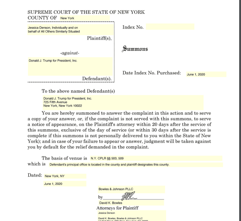 Jessica Denson has now teamed up with corporate lawyer David Bowles to file a class action lawsuit to stop Trump from using these NDAs to block former aides from speaking. Could take a while. But could be an interesting test of POTUS tactic (FULL DOCUMENT)  https://int.nyt.com/data/documenttools/2020-06-01-denson-v-trump-class-action-trump-campaign-nda-complaint/bb8783e88f801d2d/full.pdf