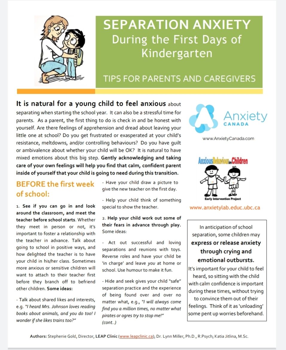 WCDSBsocialwork's tweet photo. For caregivers with kindies or kids starting a new school, it can be hard to hand over care to your child's teacher. Children take cues from caregivers, so being calm will show your child that they can handle this new adventure!
#anxietyisnormal
@wcdsbspecialed
@Anxiety_Canada https://t.co/wlmXsVVnCl