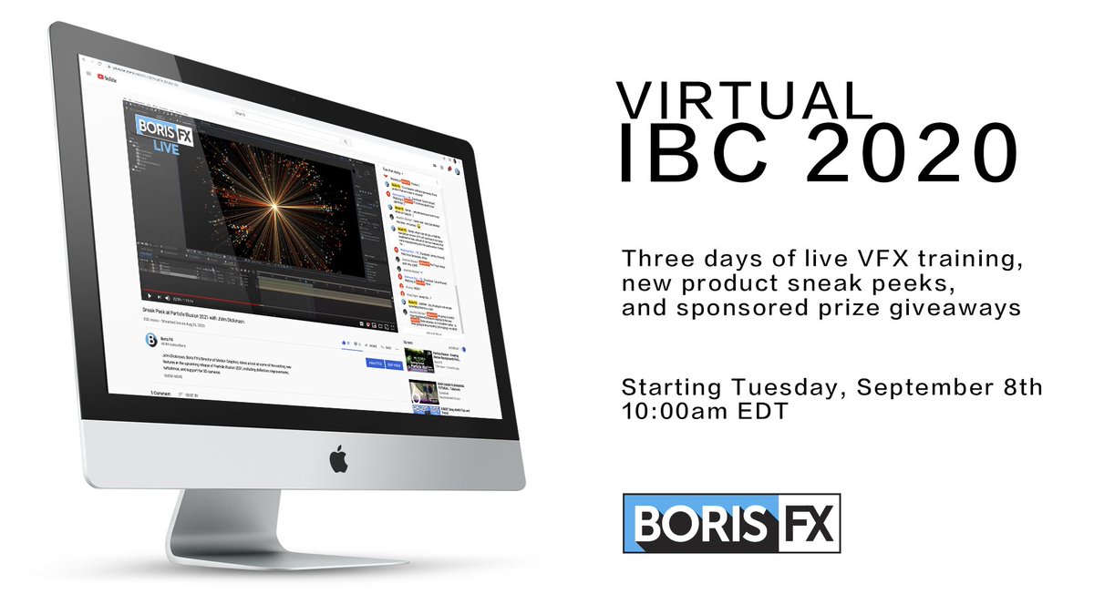 Retweet &amp; you could win the ✨ new Boris FX Suite ($1295) ✨ = Sapphire + Continuum + Mocha Pro + Silhouette + Optics!  Winner announced Sunday!

Join our Virtual IBC live stream + $40K giveaway (Sept 8-10) ➡️ ow.ly/NzEu50BfaQA

#VFX #mograph #videoediting #IBC2020