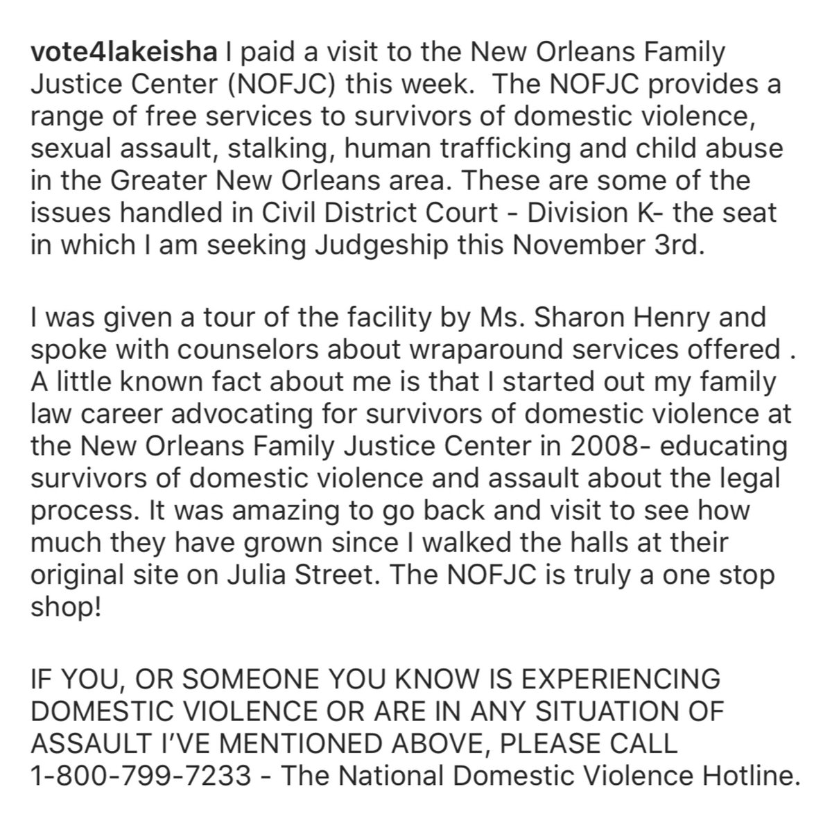 judgelakeishaj's tweet photo. IF YOU, OR SOMEONE YOU KNOW IS EXPERIENCING DOMESTIC VIOLENCE PLEASE CALL 1-800-799-7233 - The National Domestic Violence Hotline.
#NewOrleansFamiliesDeserveJustice #vote4lakeisha #Running4thePeople #RunningwiththePeople https://t.co/ucwMN3zkXd