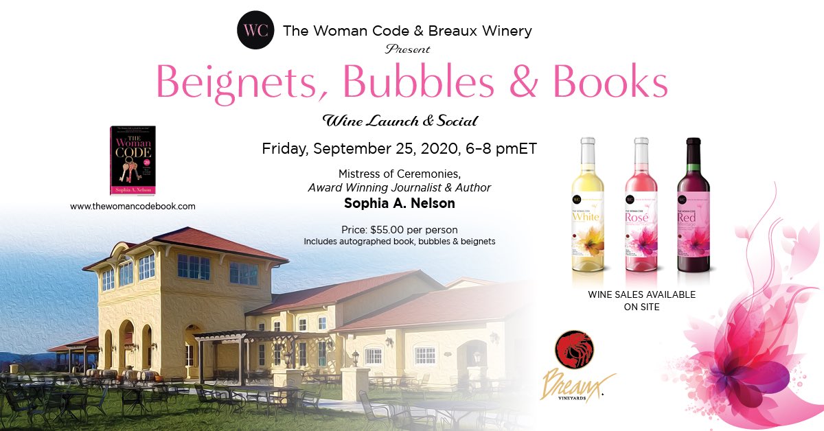 SANBookings's tweet photo. Save the date: Northern Virginia Ladies Night: “Books, Bubbles & Beignets” hosted by @BreauxVineyards and @IAmSophiaNelson Friday, September 25, 2020. Not to miss wine launch, night of sisterhood & inspiration. Limited to 100 women. Hardcover copy of #TheWomancodebook included! https://t.co/HpBN1OIfow