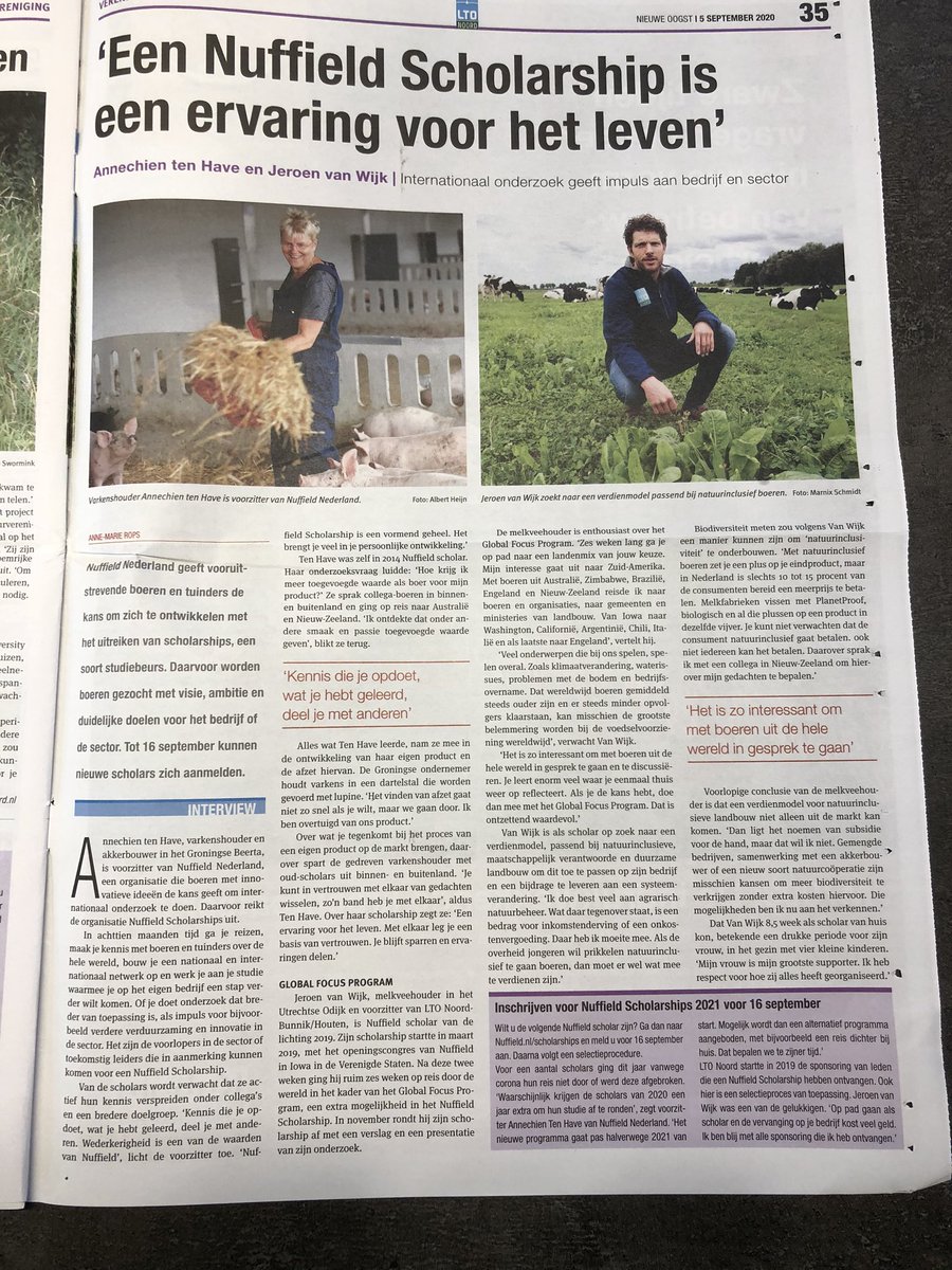 Een kans voor #boeren die hun horizon willen verbreden! Net als <a href="/IngridJansen4/">Ingrid Jansen</a> <a href="/ErikuutLoo/">Erik Stegink 🍀🍀🍀</a> <a href="/HeleenLansink/">Heleen Lansink-Marissen</a> <a href="/GerjanSnippe/">Gerjan Snippe</a> <a href="/willemvoncken/">Willem Voncken</a> en .... Meld je aan voor 16/9 voor een #Nuffield Scholarship. Na aanmelding via nuffield.nl/scholarship volgt een selectiemethode. Delen graag!