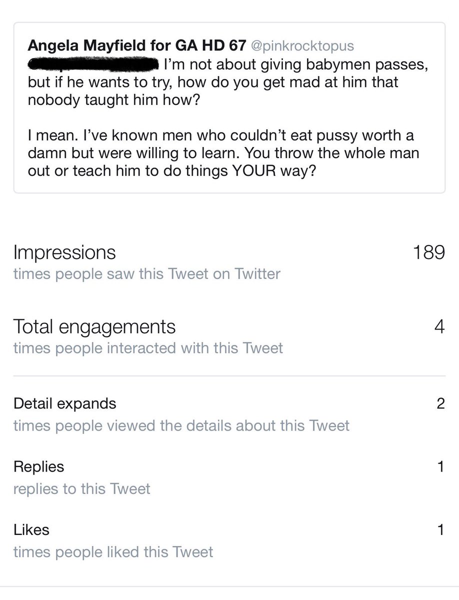 I’d also like to note that the file data for the screenshot Ron Daniel sent me of my own tweet was dated five days before he asked me about it, which is five days of thinking about me typing pussy.The Twitter analytics on that tweet prove nobody but him gave a solitary shit: