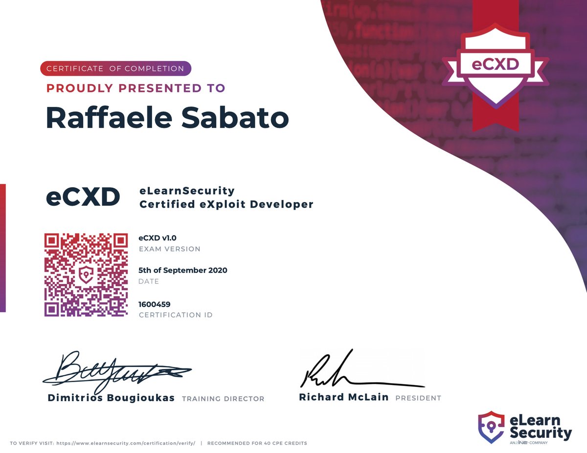 syrion89's tweet image. Thanks @eLearnSecurity for the amazing experience! #elearnsecurity #exploitation #certified