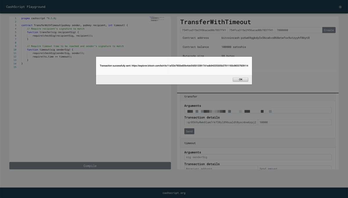 RoscoKalis's tweet photo. First transaction sent through the upcoming online CashScript Playground that I'm creating with @jennycodes for the @DevConcash #BCHDevCon hackathon!
https://t.co/5hUQjRd6uE https://t.co/0EFnXE5iEy