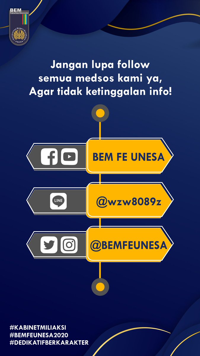 YAKIN NGGAK KETINGGALAN INFO? 

Follow aja semua sosmed ini dibawah ini 😉

Facebook : BEM FE UNESA
Youtube : BEM FE UNESA
Line@ : @wzw8089z
Instagram : <a href="/BEMFEUnesa/">BEM FE UNESA</a> 

#INFOUNESA
#BEMFEUNESA
#UNESA