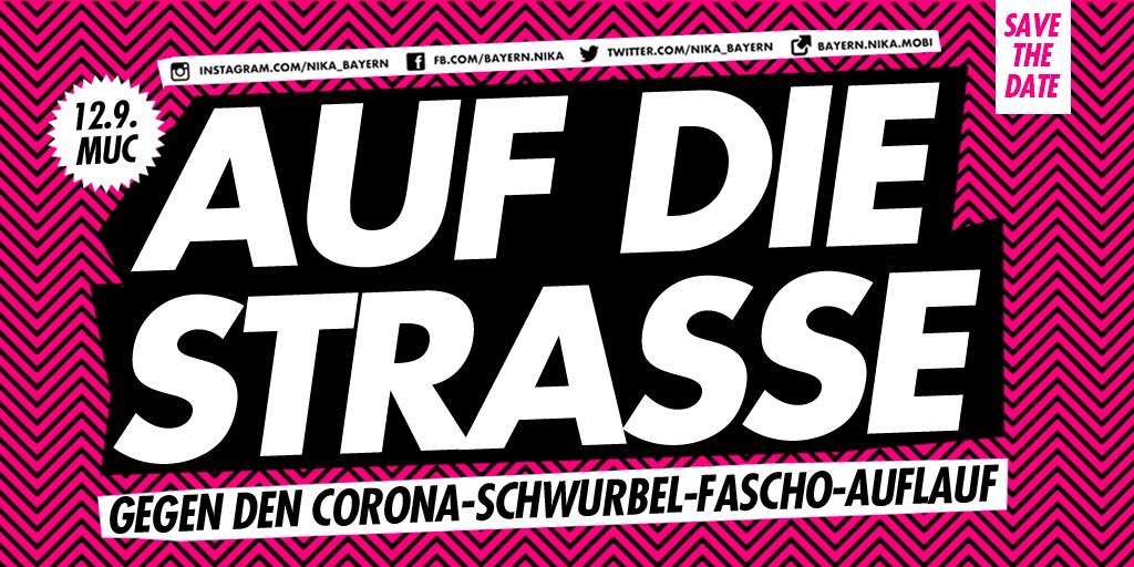 Save The Date! Für den 12. September planen süddeutsche „Querdenken"-Gruppen eine große Demo durch #München. Dass die Mischung die da aufläuft, gefährlich ist, wissen wir nicht erst seit der Demo in Berlin. Haltet Augen und Ohren offen. #muc1209
