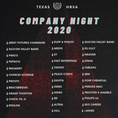 TexasHBSA's tweet photo. Recruiting at Company Night >>>>

Make sure to register to have the opportunity to land your internship/fulltime with any of these companies!🤩

#UT24 #UT23 #UT22 #UT21 
#FindYourKey https://t.co/JYt4uI2i0S