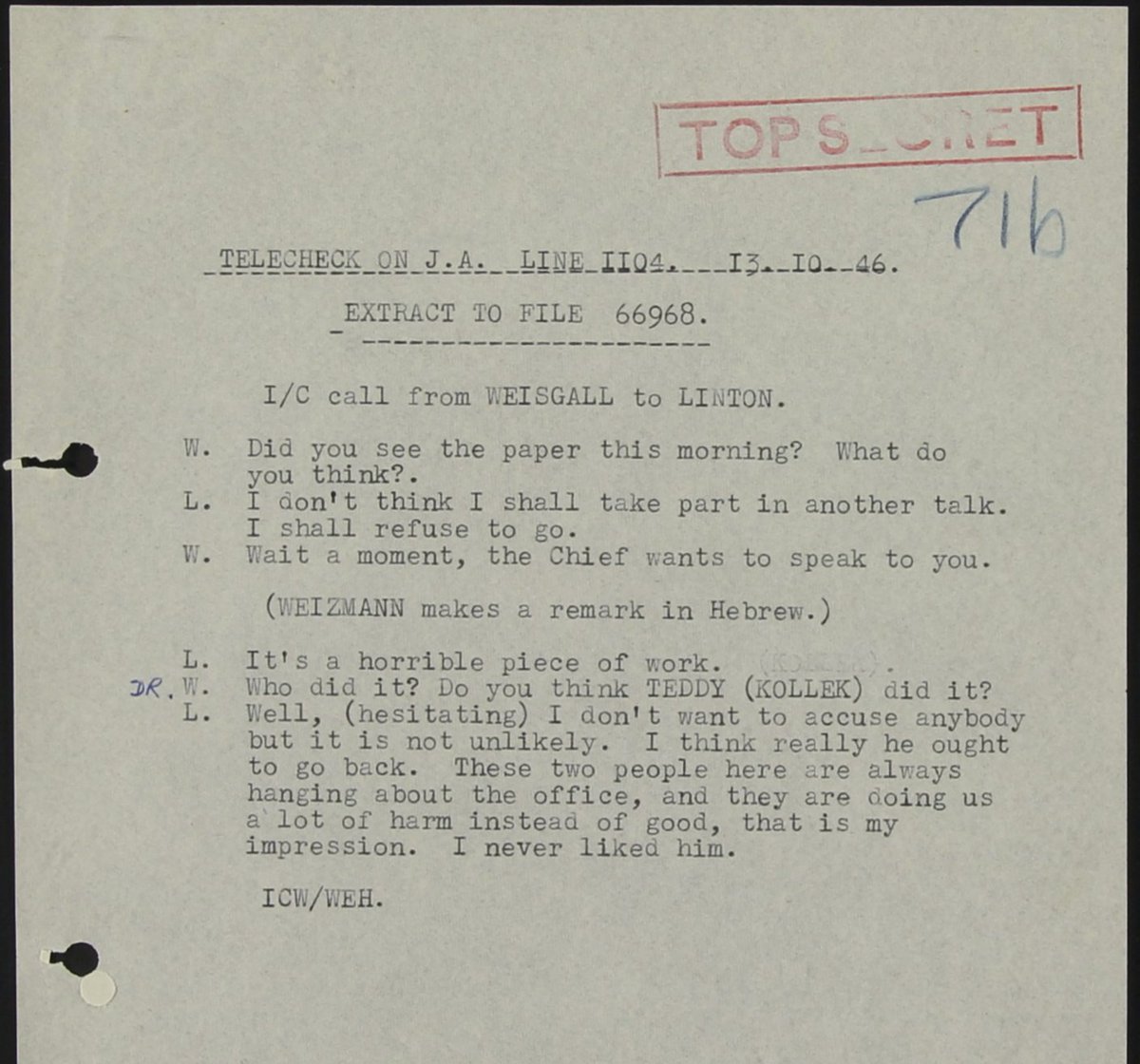 Linton talking to Weizmann about Kollek: "I think he really ought to go back. These two people here are always hanging about the office and they are doing us a lot of harm instead of good. That is my impression. I never liked him."No 2 might be Zaslani/Shiloah