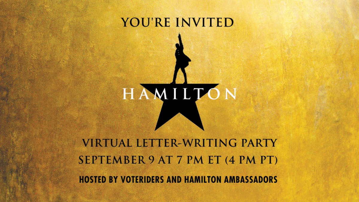 🎶📬🗳️

At our first <a href="/HamiltonMusical/">Hamilton</a> party, we sent 17,000 letters to voters in FL, GA, and WI.

Join us on Wednesday and help break that record! 

Every letter delivers crucial information and resources to someone who needs them.

RSVP NOW: voteriders.salsalabs.org/hamilton0909