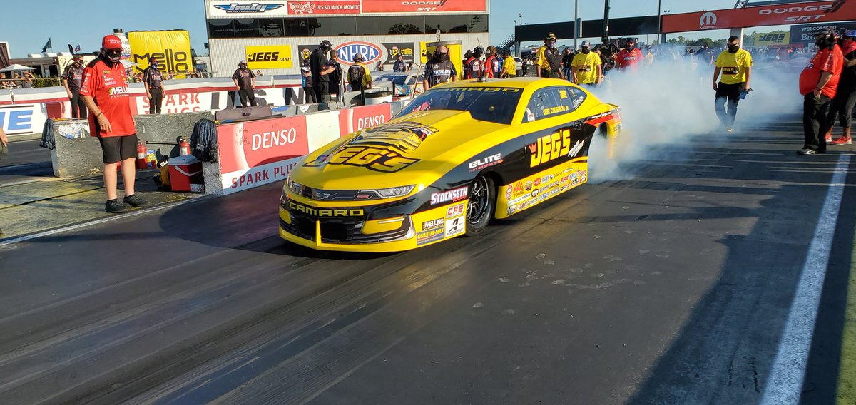 TeamJEGS's tweet photo. The @JEGSPerformance #camaro powered by @EliteMotorsLLC posts a 6.589 at 208.49mph. @Jeg_Jr will line up against newcomer Kyle Koretsky in round one of the #USnats. #breakingbarriers2020 #JEGSthrowback https://t.co/80oRelQ3Xt