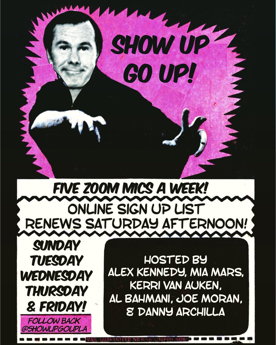 #signup link forms.gle/honSmdjn7tz7vS… 5 minutes #openmic #zoom w hosts <a href="/alexksays/">Alex Kennedy</a> @albahmani @thejoemoran <a href="/miafuckingmars/">Mia Mars</a> <a href="/kvanill/">Kerri Van Auken</a> @drarchillisauce