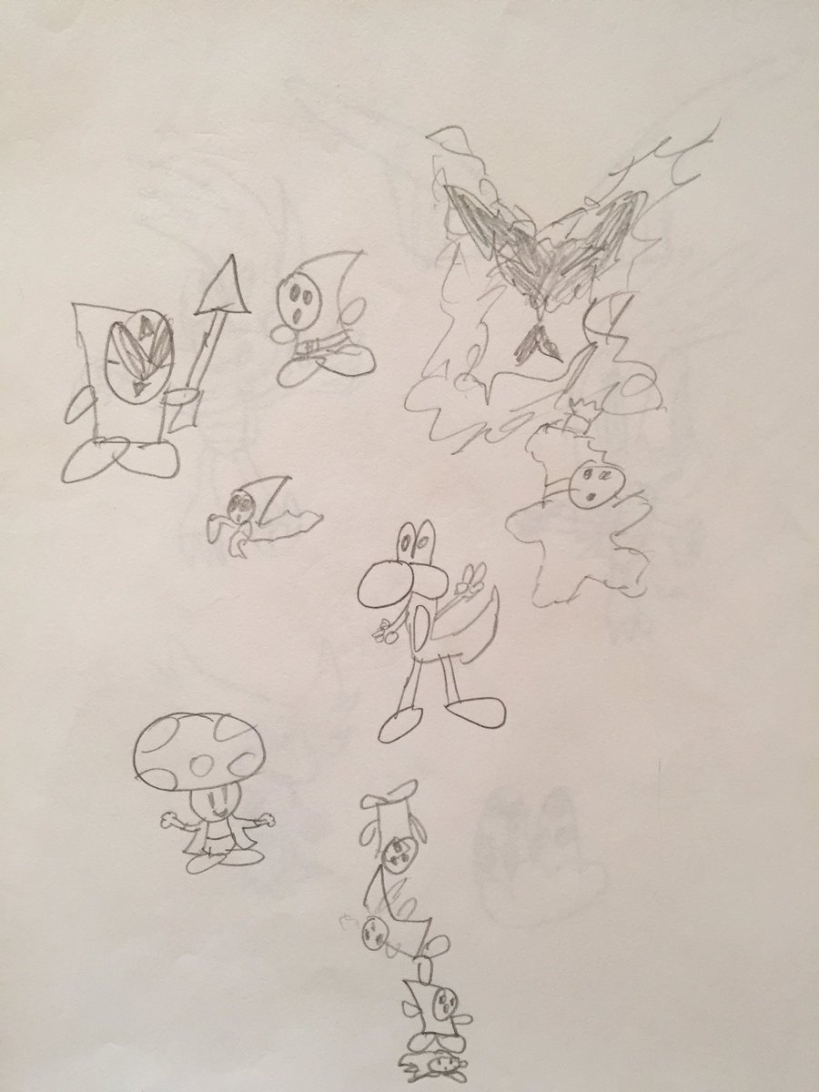 the vast majority of my drawings from this time are all mario characters, mostly from paper mario. i didn't actually have mario rpg growing up but i saw a lot of screenshots from it on the internet and i must have thought the axem rangers were cool