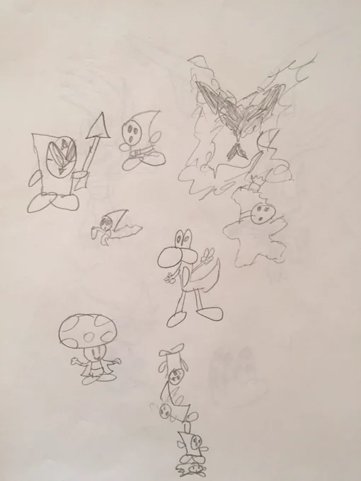 the vast majority of my drawings from this time are all mario characters, mostly from paper mario. i didn't actually have mario rpg growing up but i saw a lot of screenshots from it on the internet and i must have thought the axem rangers were cool 