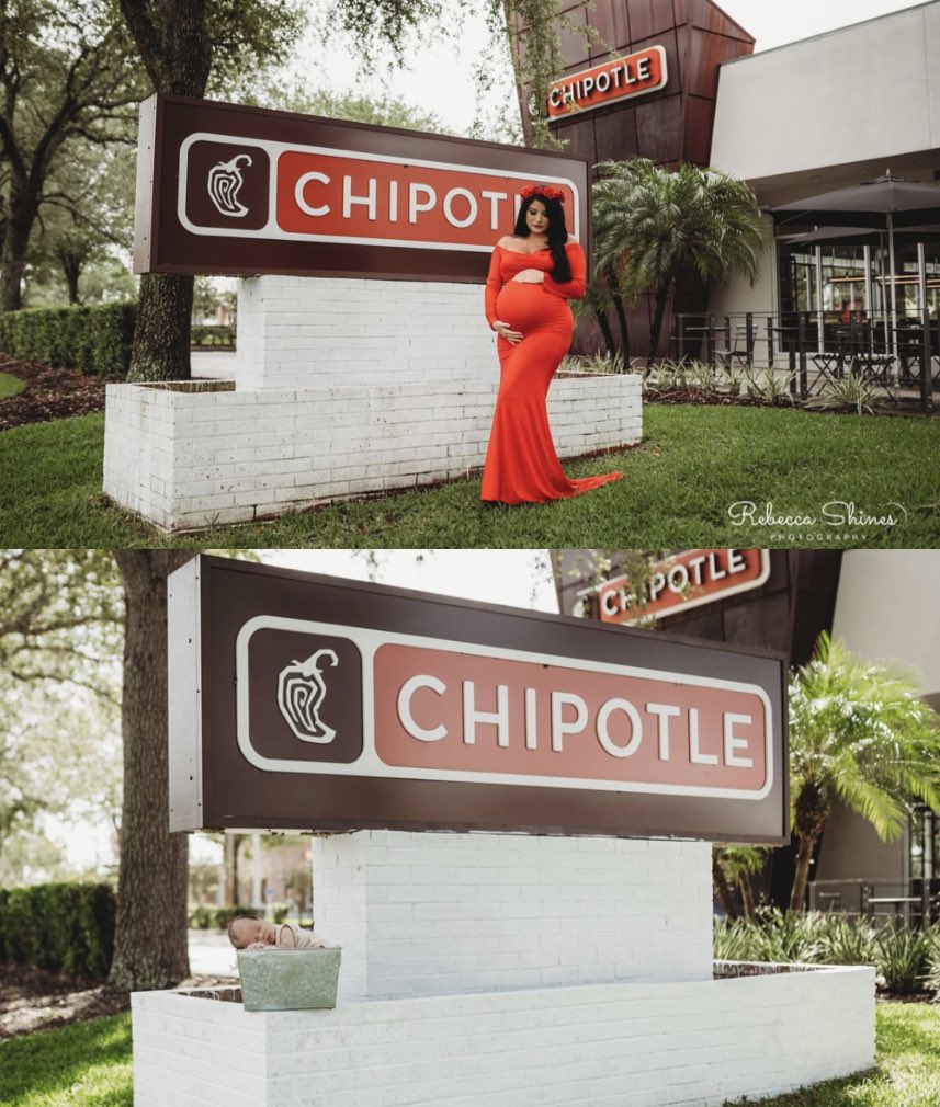 ThatJordanLGirl's tweet photo. Hey @ChipotleTweets! My burrito baby was born and we naturally had to recreate our viral maternity images for his newborn session❤️ Thank you so much for the adorable merch you sent us, it really made the shoot that much more amazing🌯 Love you forever💋 https://t.co/RPODrML9nd